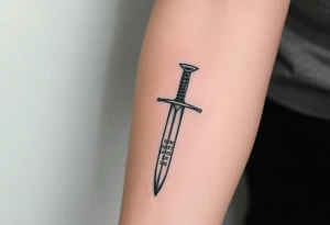 Minimalist black ink tattoo sketch of a vertical medieval sword with the phrase “Iron Sharpens Iron” engraved along the blade. Clean lines, no shading, forearm tattoo design. tattoo idea