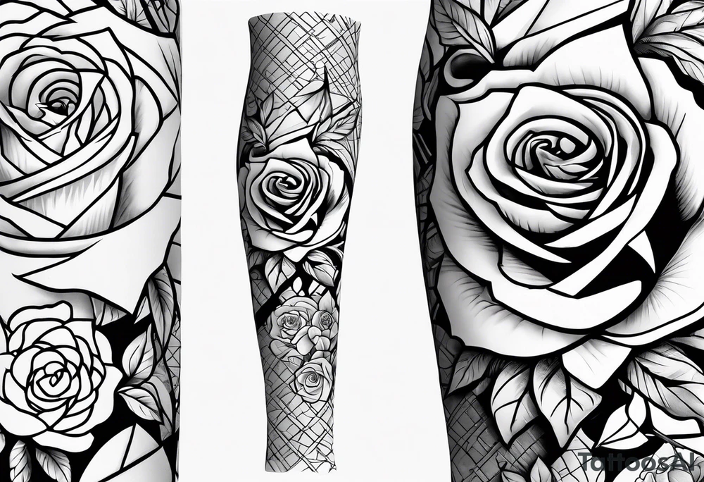 tattoo fool sleeve, old broken gothic home, broken sword, roses tattoo idea