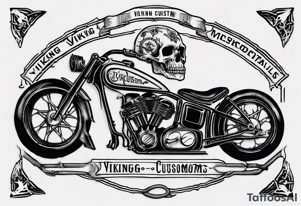 I want a tattoo of an old classic motorcycle  and a skeleton in the back with the name “Viking Customs” incorporated in the design tattoo idea