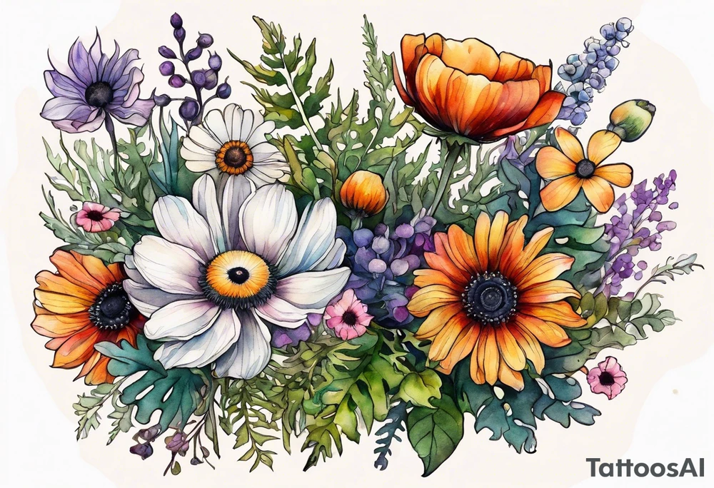 wildflowers with thistles, ferns, ranuculus, white anemones with black center, sun flowers, mixed color flowers and different shapes all in watercolor tattoo idea