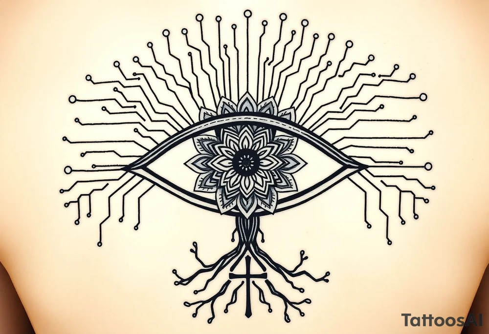 Central Element: A large, stylized eye is the focal point.

The iris of the eye is filled with a mandala pattern, symbolizing depth, balance, and inner awareness.

The lines are fine and clean, forming symmetrical layers and floral-like geometry within the mandala.

Upper Design: From the top of the eye extend circuit-like branches, mimicking electronic pathways.

These lines rise vertically and diagonally in symmetrical fashion, ending in rounded circuit nodes, representing intelligence, logic, and the digital mind.

Lower Design: From the bottom of the eye extend natural tree roots.

These branches flow organically and curve outward, grounding the symbol with themes of nature, growth, and spiritual connection.

Text Element: Below the tree roots is the word "σοφία" in Ancient Greek, meaning wisdom.

The font is clean and classical, giving it a timeless, philosophical presence.

Religious Symbol: Directly below the Greek word is a simple, black cross.

The cross is thin, minimal, and vertically aligned with the center of the eye, representing faith, spirituality, or divine guidance.

Placement: back tattoo idea
