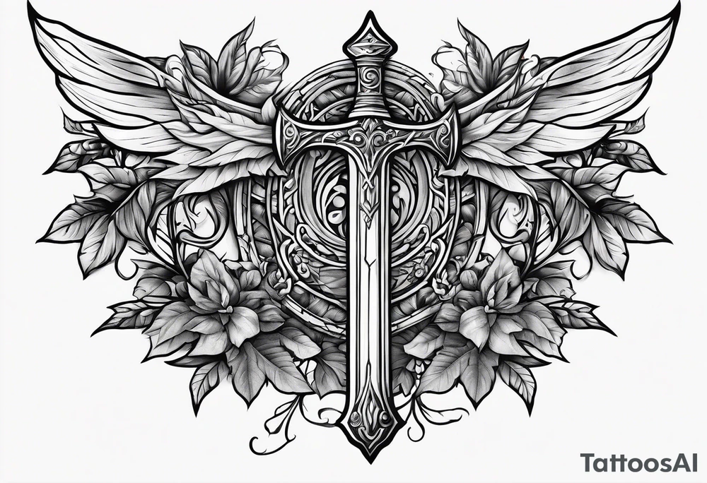 Leafy vines with sword tattoo idea