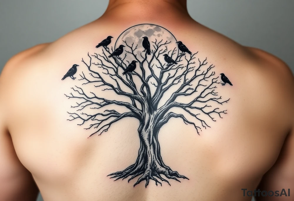 A very realistic, large tree of life that is bare with lots of crows above it a moon that’s behind that covers my whole back and two Viking hatches that would go across my shoulder blades. This is a backpiece. tattoo idea