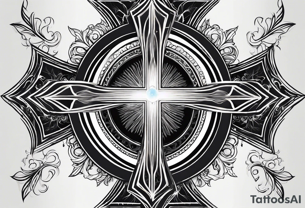 Tattoo: A refined cross with a soft halo on top of it, symbolizing light and spirituality. Delicate rays extend outward from the halo, adding a subtle glow and depth. The cross itself is simple and elegant, with potential for small, intricate line details within the design. tattoo idea