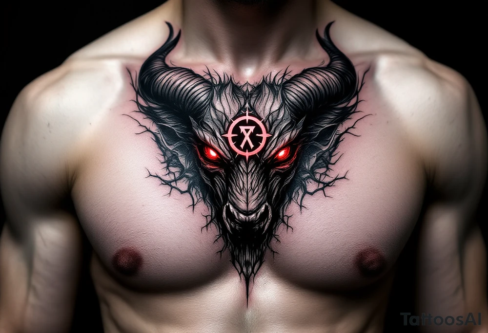 Abstract looking angry taurus lower chest tattoo with red eyes, taurus symbol in between eyes, tattoo idea