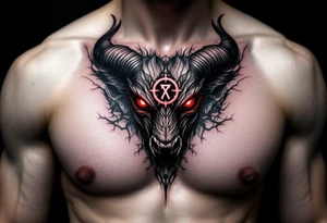 Abstract looking angry taurus lower chest tattoo with red eyes, taurus symbol in between eyes, tattoo idea