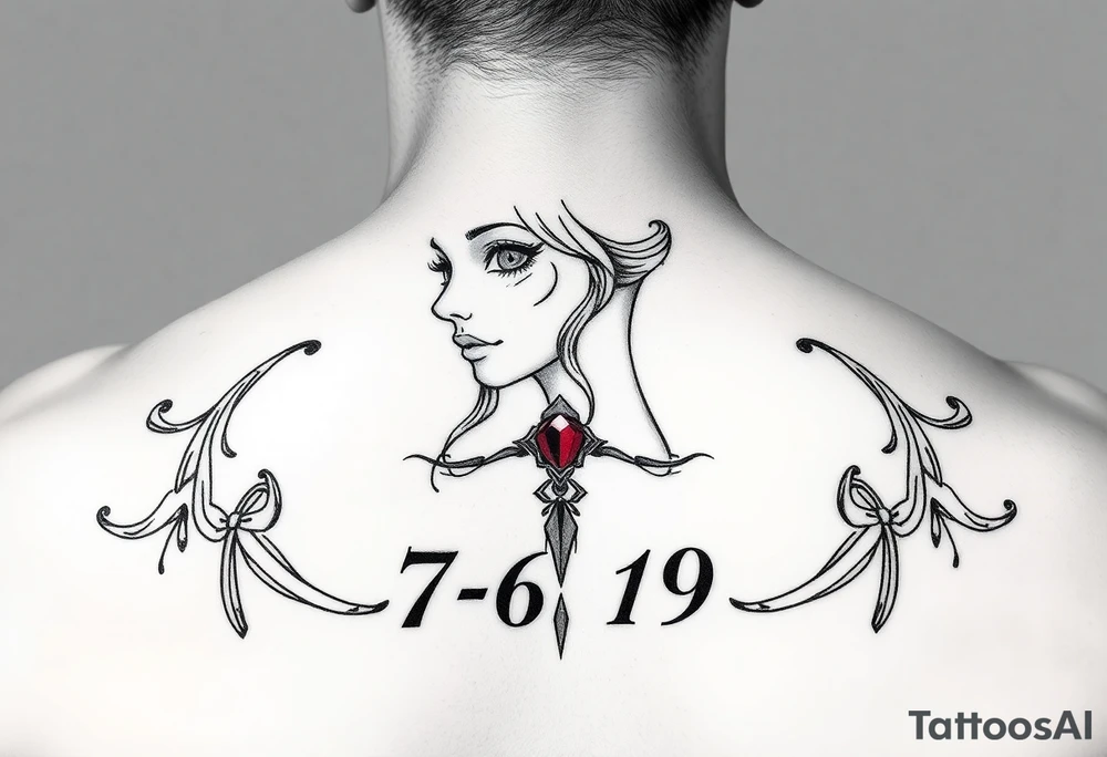 Small girl line art with a ruby and 7-6-19 tattoo idea