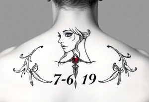 Small girl line art with a ruby and 7-6-19 tattoo idea