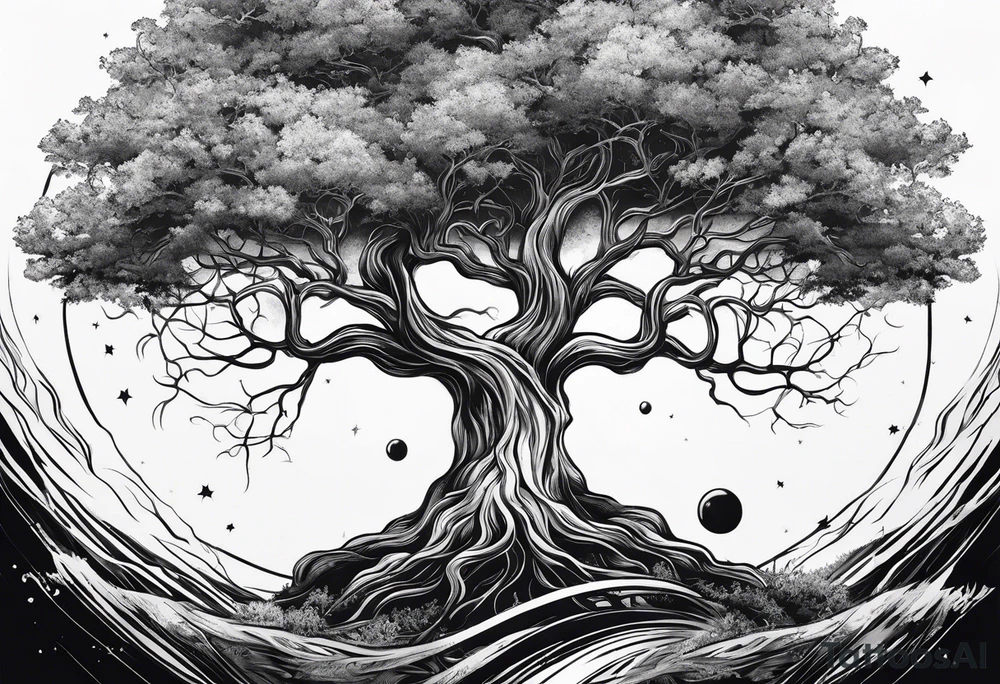 tattoo drawing of a tree with the roots coming out of a planet tattoo idea