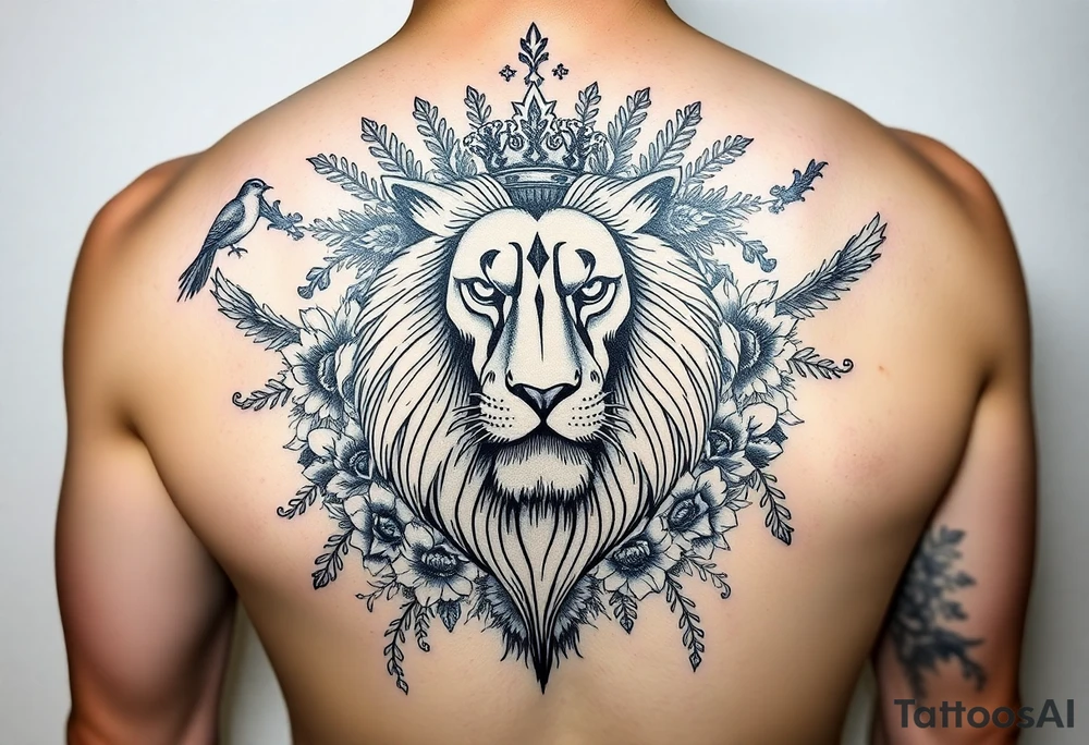 powerful majestic lion with a crown, surrounded by floral ornaments and birds tattoo idea