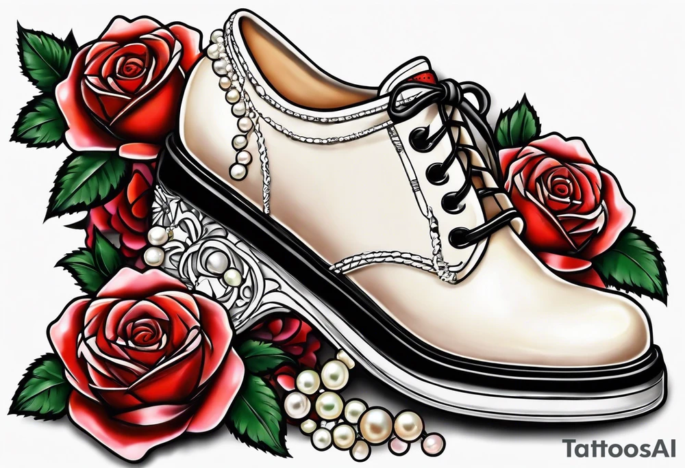 Pearl necklace wrapped around 1950s pinup pumps with roses surrounding tattoo idea