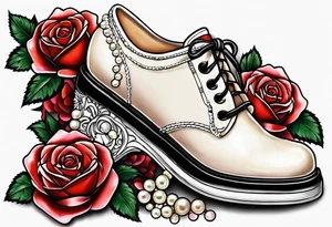 Pearl necklace wrapped around 1950s pinup pumps with roses surrounding tattoo idea
