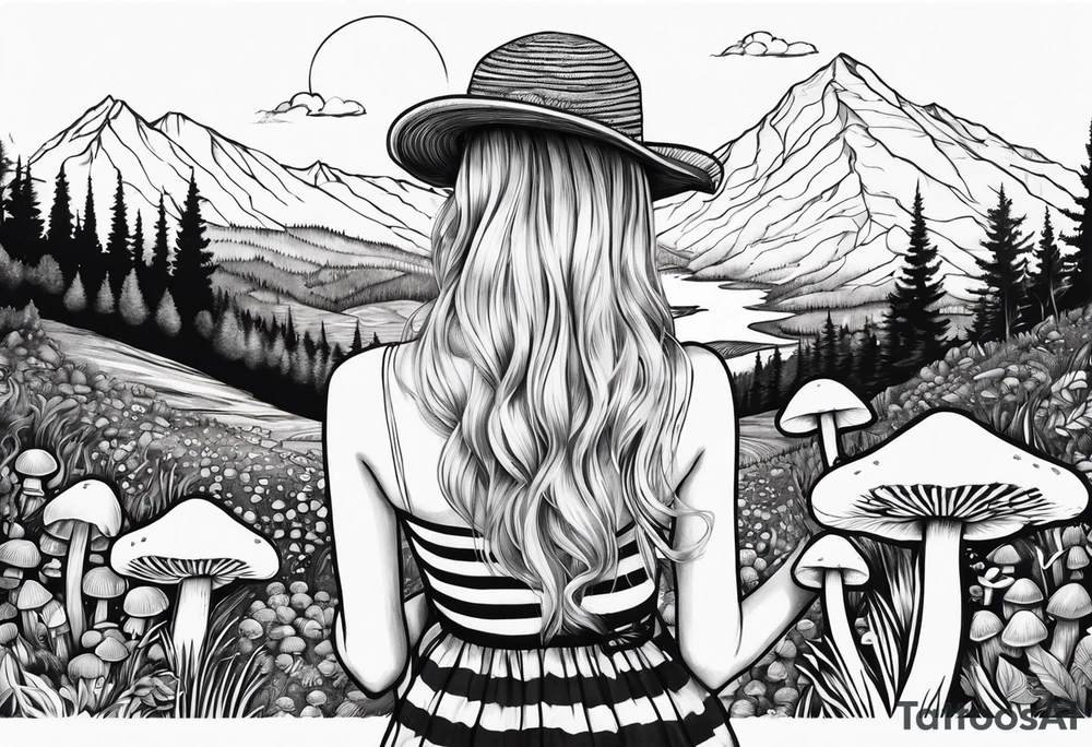 Straight blonde hair girl holding mushrooms in hand facing away toward mountains surrounded by mushrooms circular design black and white striped dress tattoo idea