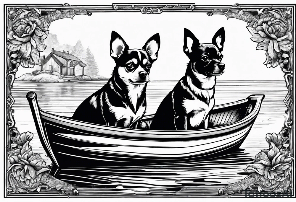 two dogs in a boat. One dog is a chihuahua with big ears. tattoo idea