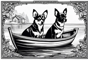 two dogs in a boat. One dog is a chihuahua with big ears. tattoo idea