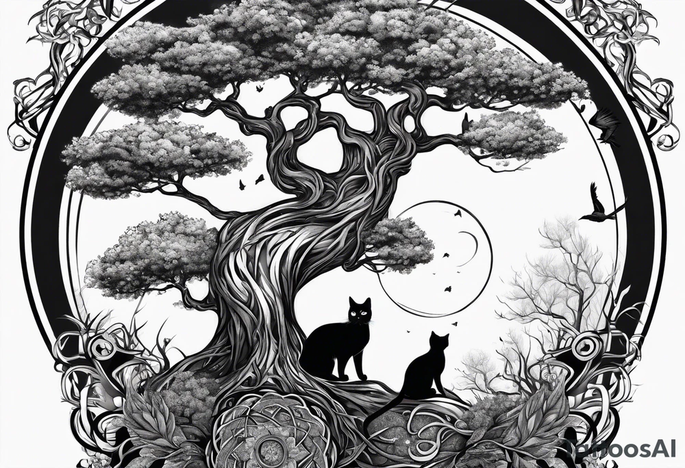 world tree with a cat and a raven and knotwork sleeve tattoo tattoo idea