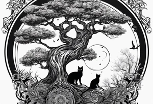 world tree with a cat and a raven and knotwork sleeve tattoo tattoo idea