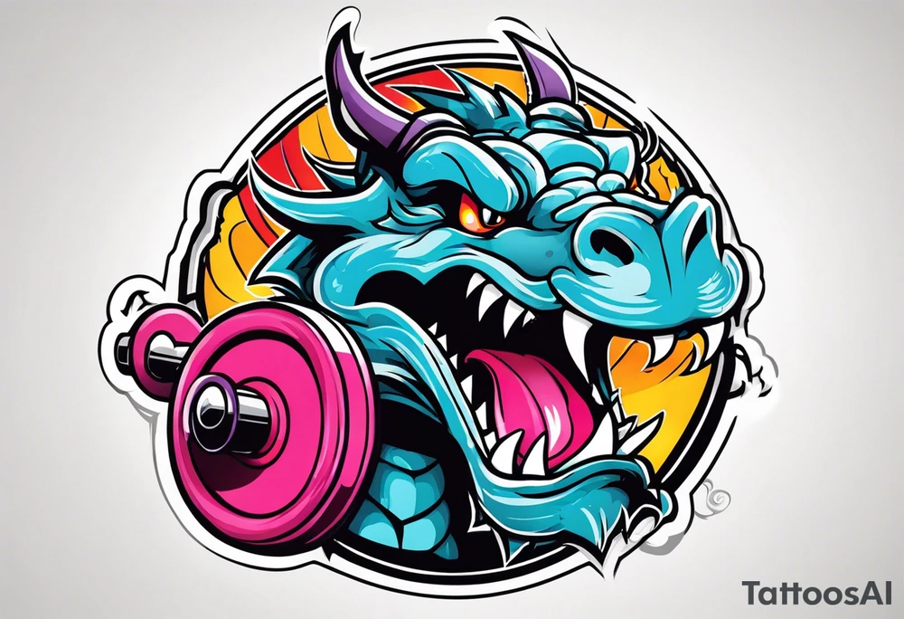 Dragon with dumbbell in mouth tattoo idea