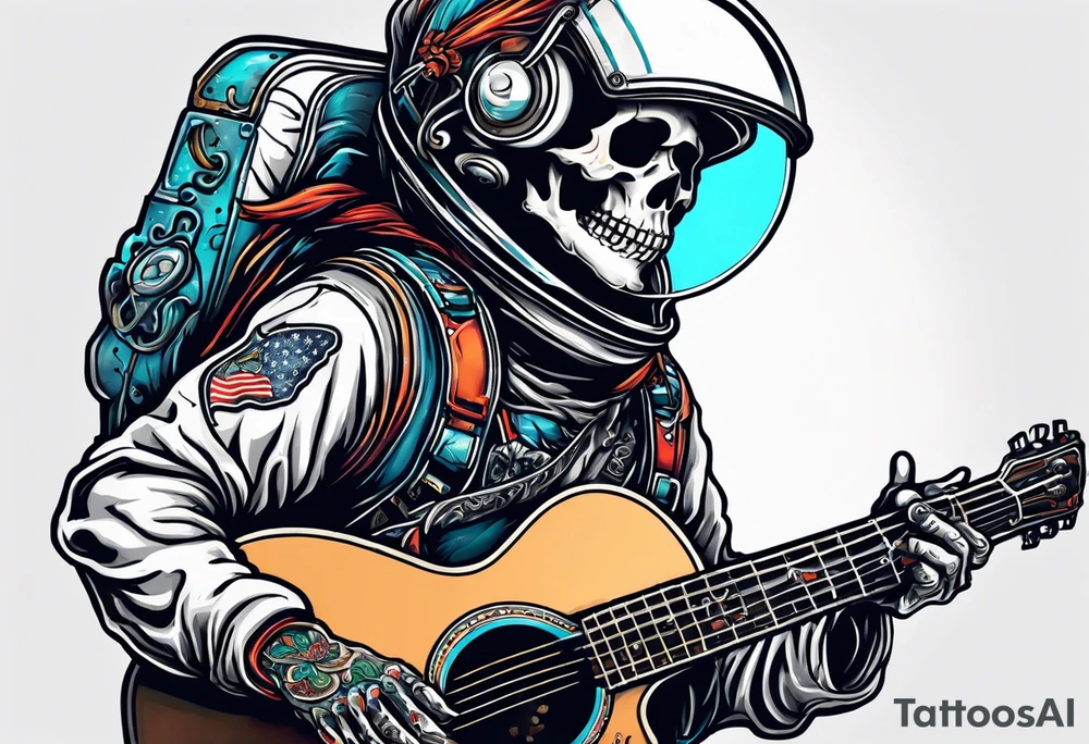 Skeleton astronaut playing acoustic guitar tattoo idea