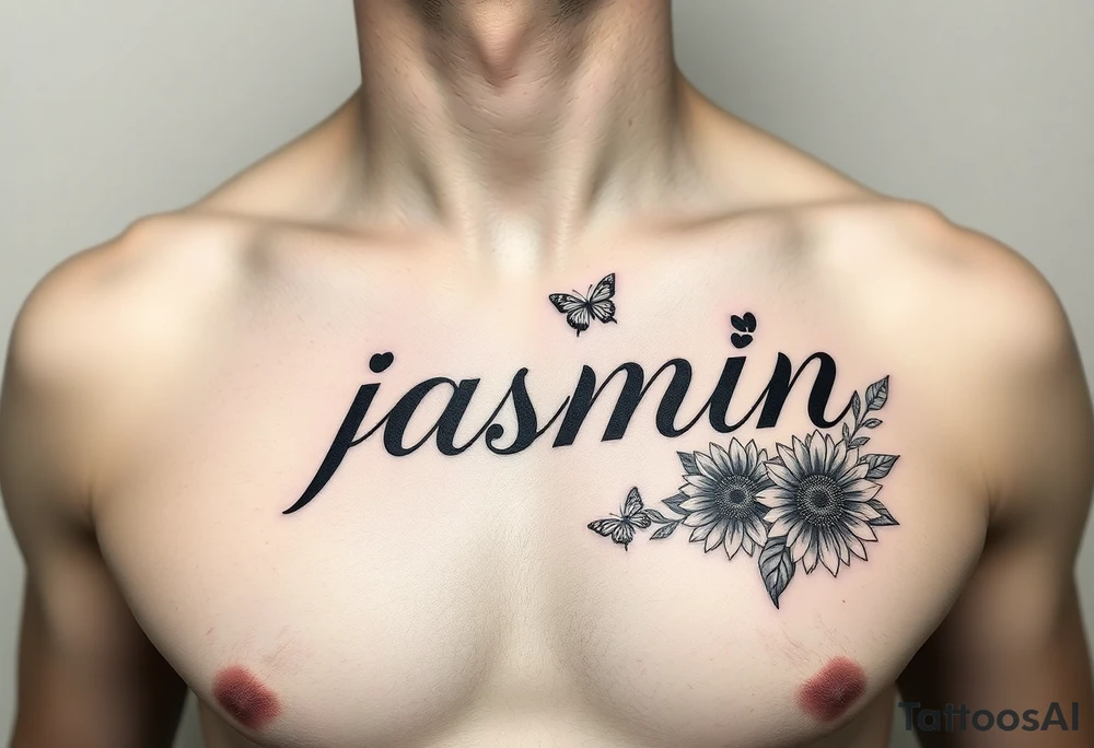 i need the name jasmin on the right side of a males chest, and with the letter “i” having a heart as the dot, and then i want some roses on the letter j and 3 sunflowers on the letter n and for it to be in cursive with some butterflies around it. I want the name on top of the flowers but for the flowers to be under the name, and i want some roses on the left side and sunflowers on the right side tattoo idea