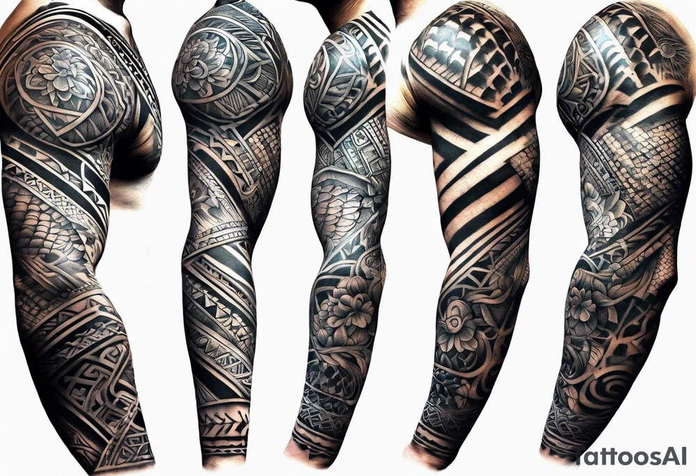 Full Polynesian tribal sleeve with turtle on top on arm tattoo idea