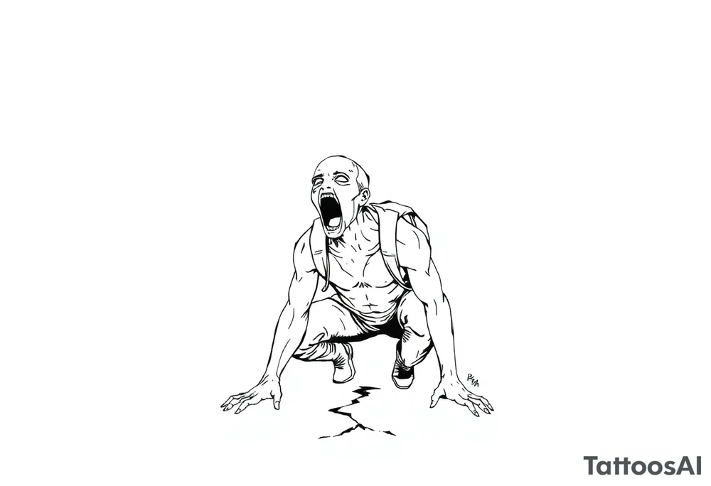 Confusion and pressure in thin lines on screaming solo traveler with no face with his skin ripped left on the path he’s crawling tattoo idea