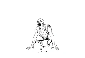 Confusion and pressure in thin lines on screaming solo traveler with no face with his skin ripped left on the path he’s crawling tattoo idea