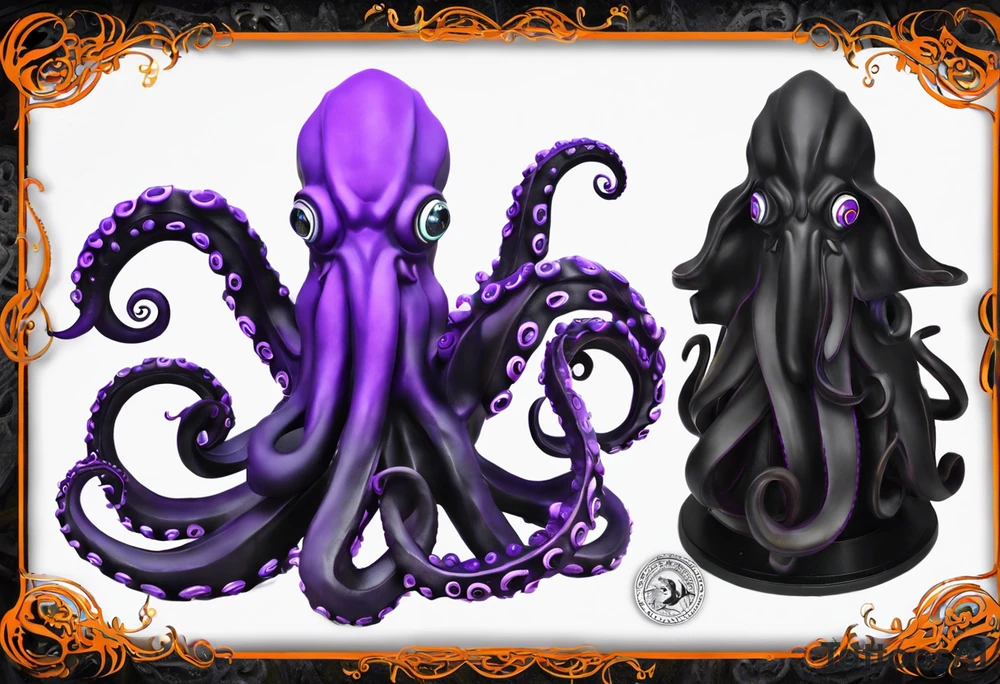 Cthulu/Kraken/Octopus

Black and Violet/Purple + Orange eyes
Head to be on right pec
9 Tentacles
Have 3 tentacles in a spiral for each right shoulder head
Have 1 tentacle on in a spiral for right bicep
Have 3 tentacles contouring the tricep, twirling down and around my right forearm
Have 2 tentacles wrapped around under my collar and double helix down my spinal column tattoo idea