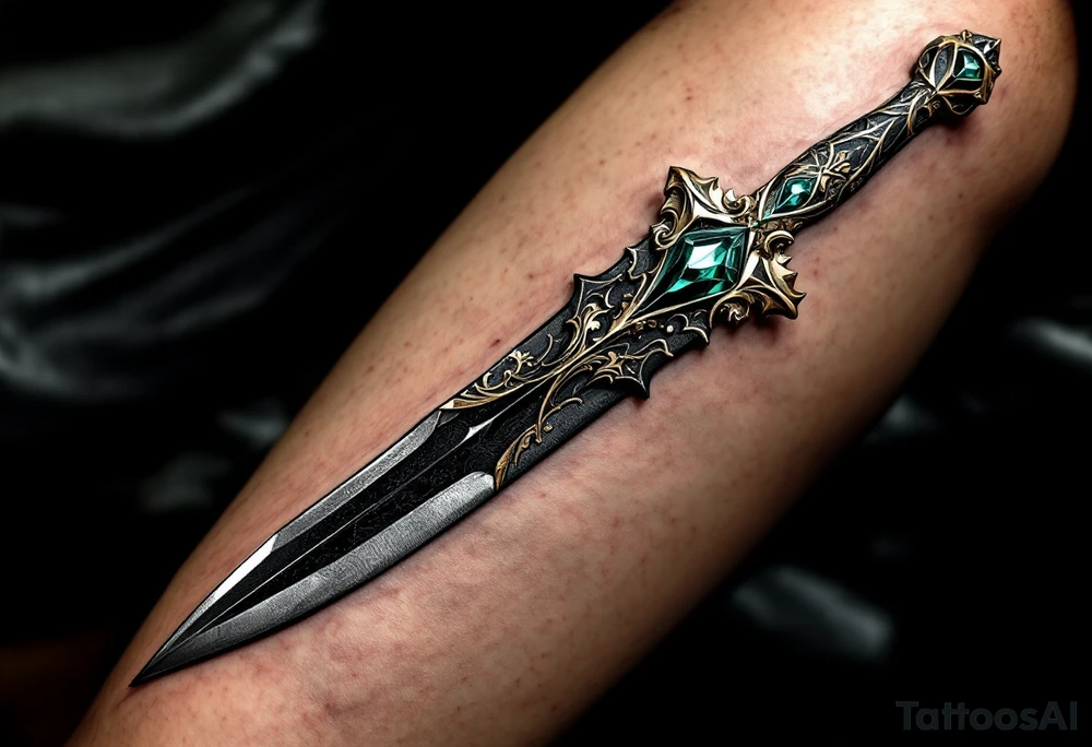 Vintage Ornate Dagger – A detailed dagger with intricate patterns along the blade and hilt, featuring golden accents and a deep emerald green gem in the pommel. The blade is shaded in dark steel gray with subtle silver highlights tattoo idea