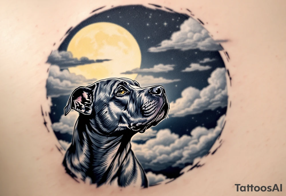 Pitbull looking up at the moon, blue-gray coat under a night sky scene, moon in pale yellow, clouds in navy and gray. tattoo idea