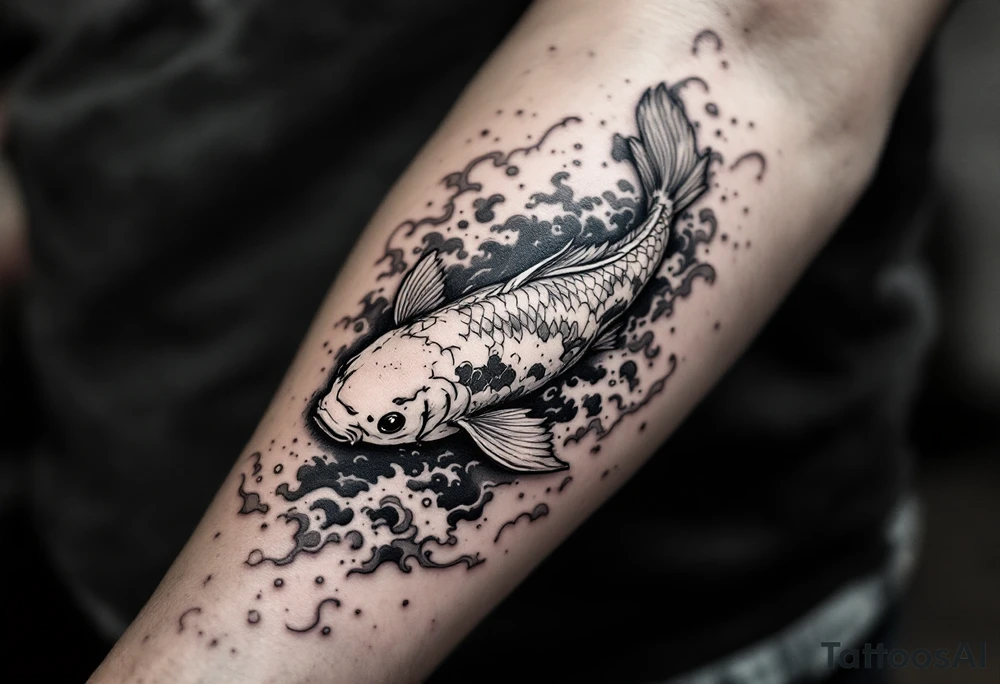 traditional koi fish swimming upstream through turbulent waves tattoo idea