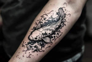 traditional koi fish swimming upstream through turbulent waves tattoo idea