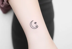 Small black and white tattoo waxing crescent moon with small Daisy birth flower AND tiny Leo gliph tattoo idea