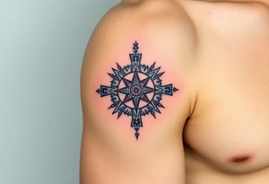 A Sun Dial in the Shape of a Cross with Egyptian Symbols (only red , blue and black are possible colors) tattoo idea