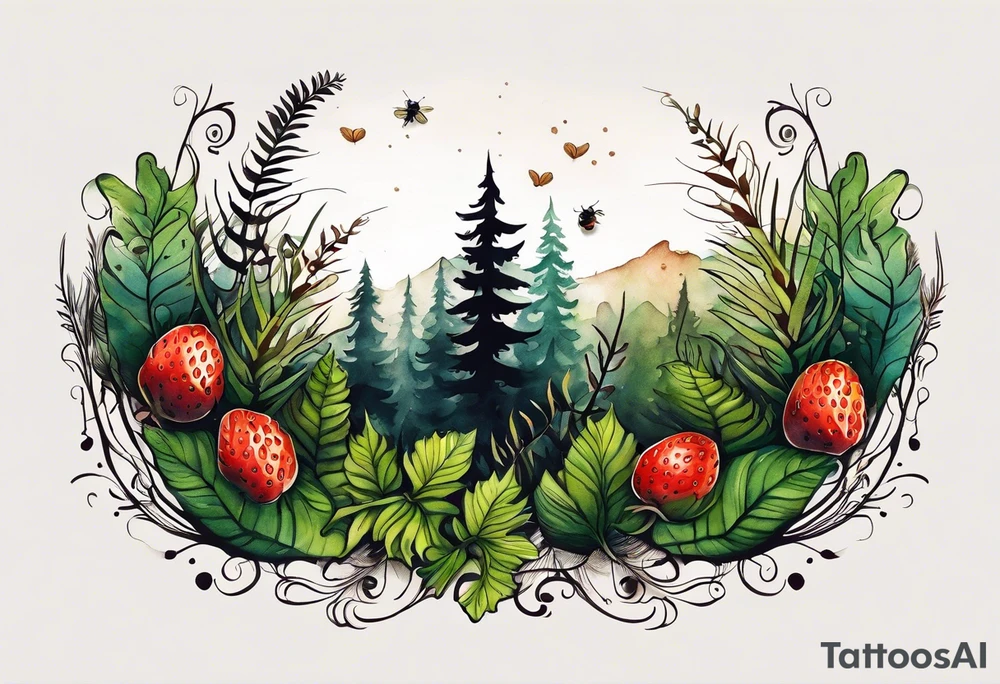 forest floor inspired minimalist tattoo, which includes grass, curly ferns and dead leaves as the bulk of the tattoo. details to include: three very tiny strawberries, a tiny bumblebee flying nearby, three small brown mushrooms tattoo idea