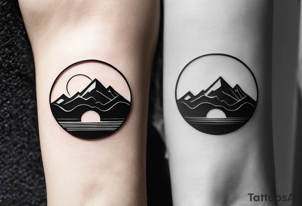A minimalist black-and-white tattoo design, intended to be placed just above the inner elbow. The design features a thin, open circle symbolizing a cycle or new beginning. Inside the circle is a small, stylized mountain silhouette, simple and clean, representing stability and growth. From the base of the mountain, a fine, gently wavy line resembling a lifeline extends outward from the circle, symbolizing life’s journey with its ups and downs. The style is delicate and refined, with clean, thin lines for a subtle yet powerful symbol. tattoo idea