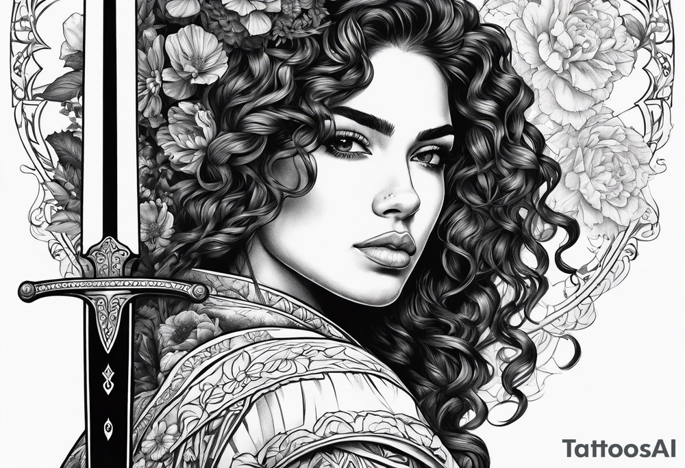 Spanish woman warrior curly hair half with sword sleeve arm wildflowers tattoo idea