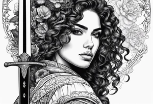 Spanish woman warrior curly hair half with sword sleeve arm wildflowers tattoo idea