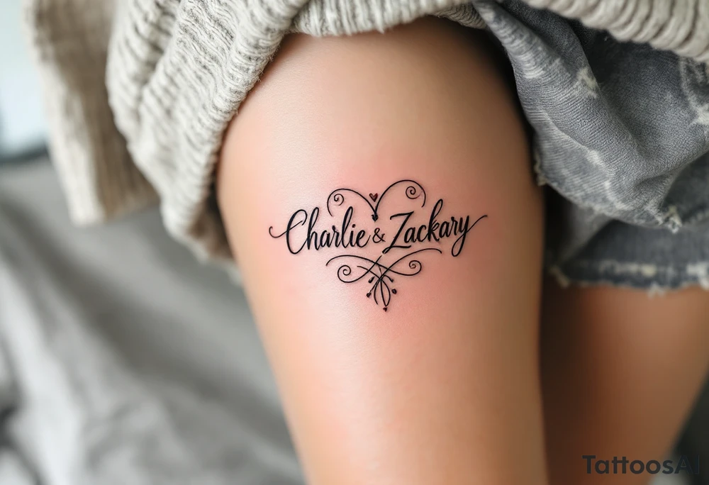 Create a delicate tattoo design that seamlessly integrates the names "Charlie" and "Zackary" in graceful, flowing cursive. Enclose the names within a softly stylized symbol that embodies strength and unity . The overall design should evoke warmth and protection while remaining refined and understated tattoo idea
