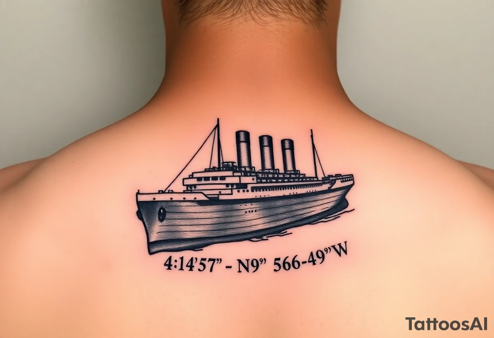 Ship image of Titanic with coordinates 41 43' 57" N 49 56' 49" W around the ship tattoo idea