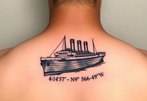 Ship image of Titanic with coordinates 41 43' 57" N 49 56' 49" W around the ship tattoo idea