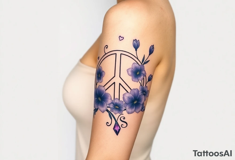 peace symbol intertwined with violets Pisces symbol, dog prints, amethyst, initials csb in cursive font tattoo idea