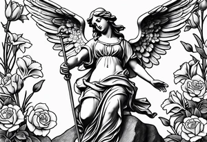 Simple Angel statue stood on a rock with daffodils and roses wrapped around its legs tattoo idea