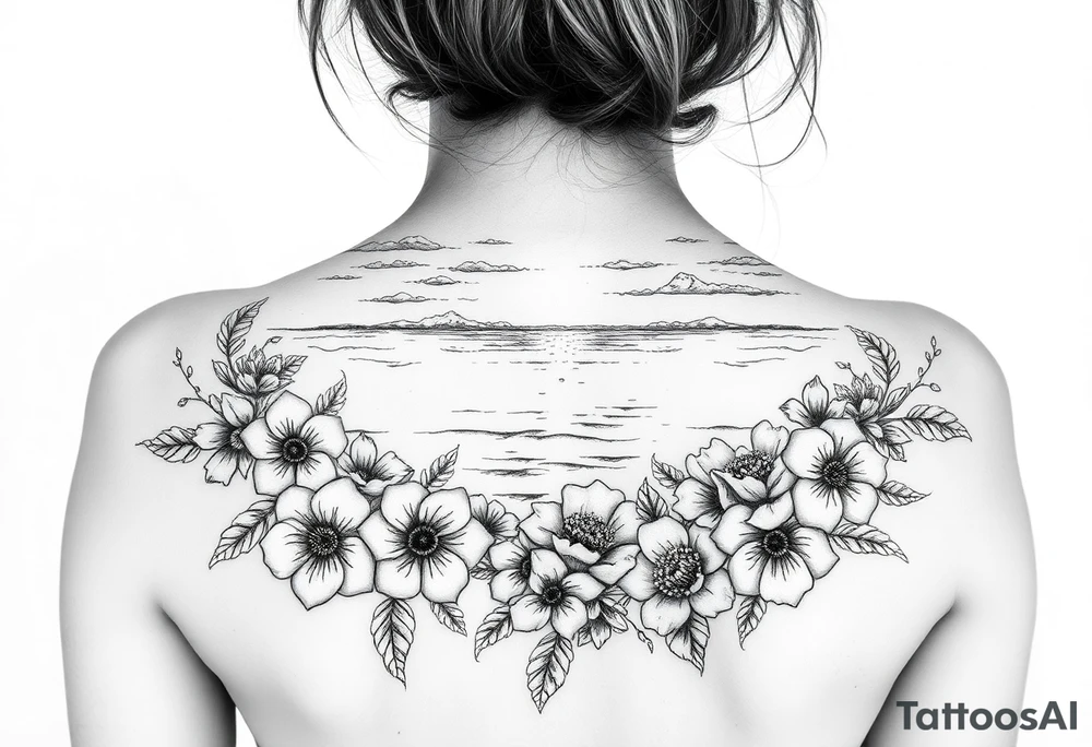 Ocean sunset view from the beach with lots of florals and ocean life and nature tattoo idea