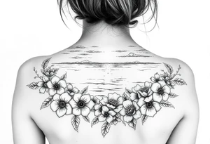 Ocean sunset view from the beach with lots of florals and ocean life and nature tattoo idea