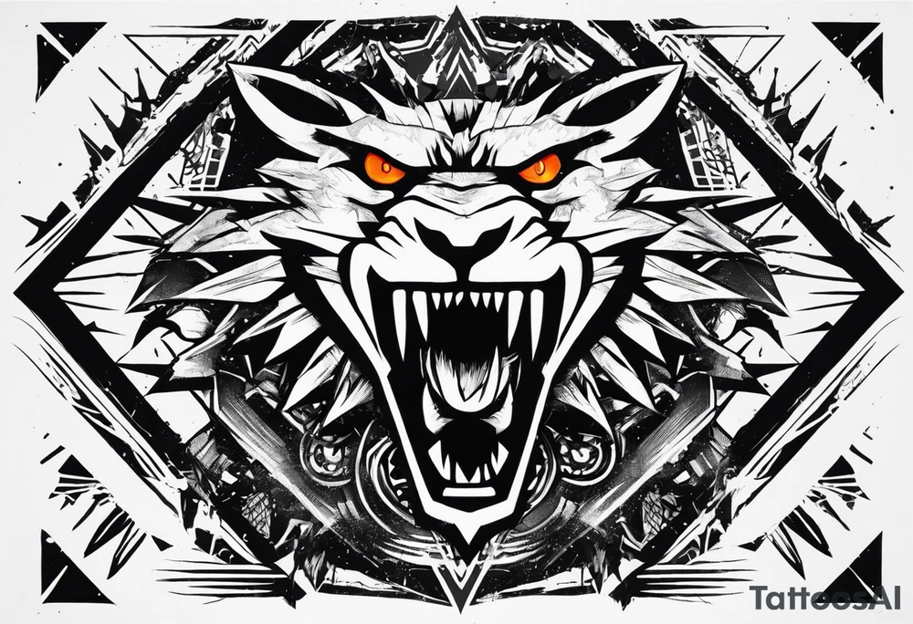A tattoo designed for the knee, featuring the face of Kon (chainsaw man series) with wild, exaggerated features, such as sharp fangs, intense eyes, and a snarling expression. The design incorporates large areas of white space for contrast, with beams of light or energy radiating outward from the beast’s eyes in a chaotic and powerful pattern. The overall look should be bold and primal, with flowing lines that adapt naturally to the curvature of the knee. tattoo idea