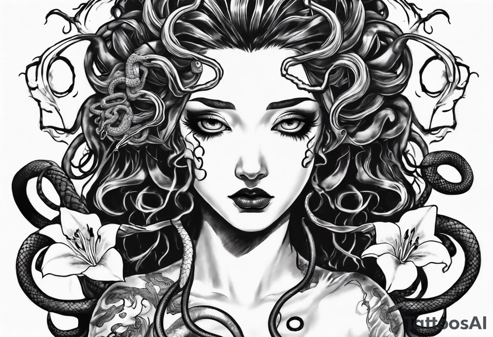Dark/goth Medusa with white pupils and snake hair. Lilies tattoo idea