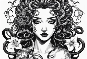 Dark/goth Medusa with white pupils and snake hair. Lilies tattoo idea