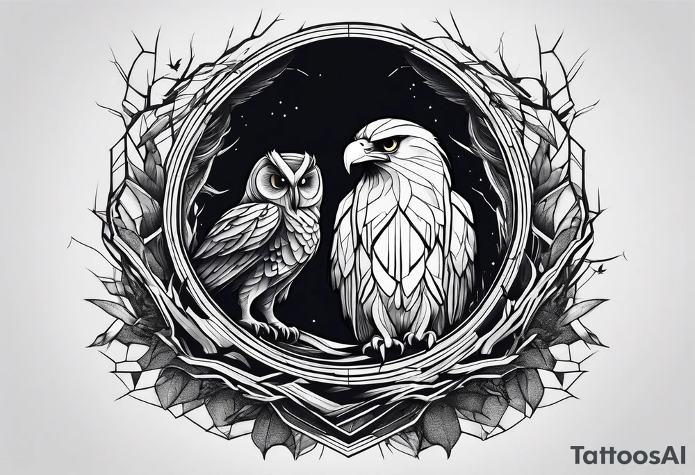 Owl, raven, eagle cuddled in a nest, looking down into the nest tattoo idea