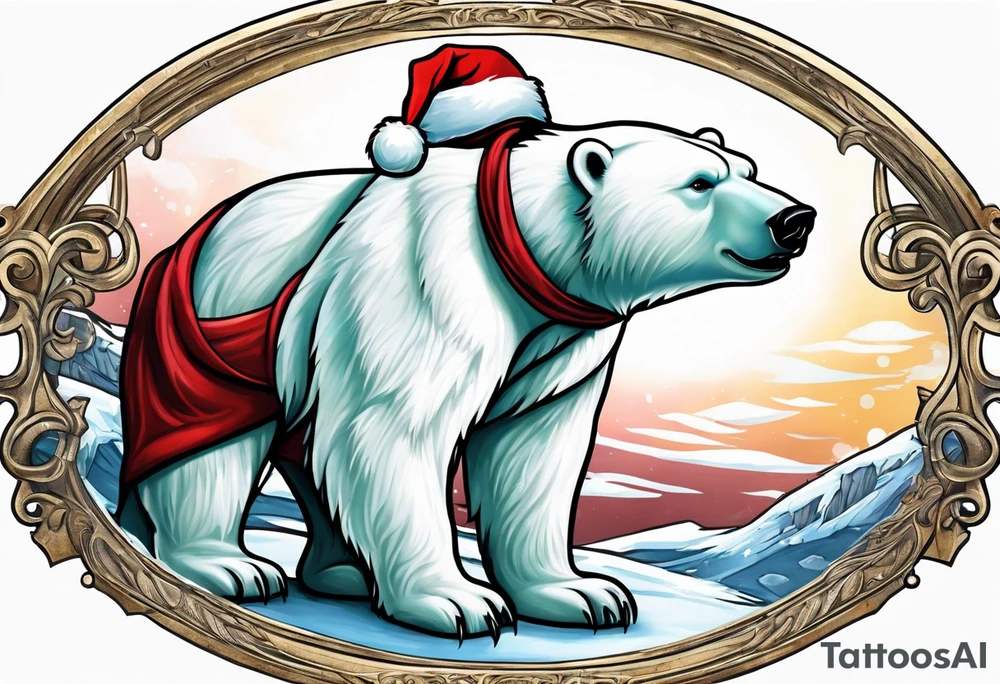 A polar bear dressed as Santa at Disney land castle tattoo idea